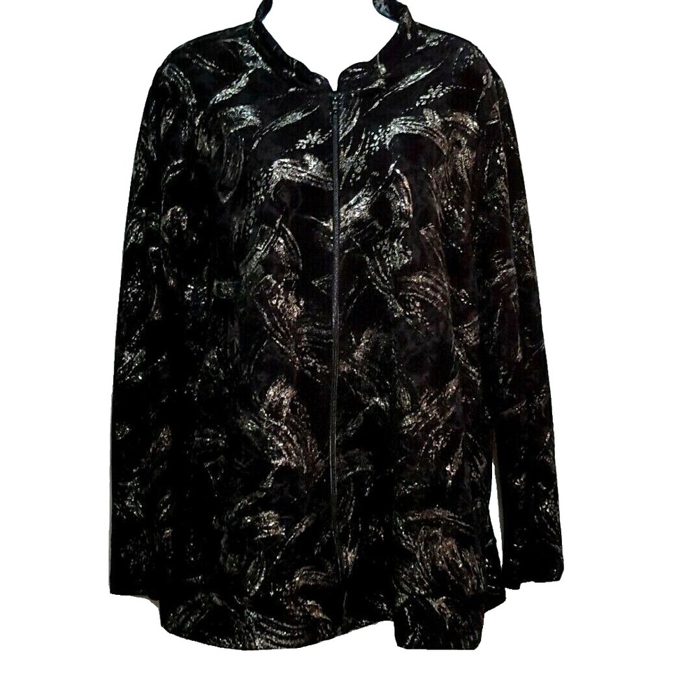 Maggie Barnes Jacket Womens 0X Black Silver Metallic Foil Zip Mock Neck Evening